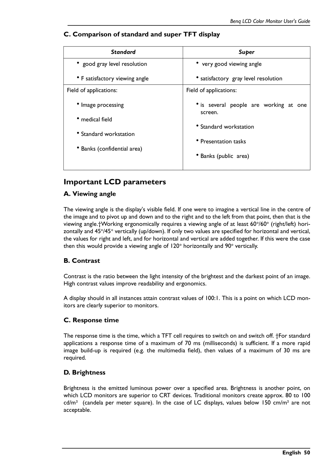 BenQ FP781 user manual Important LCD parameters, Comparison of standard and super TFT display, Viewing angle, Response time 