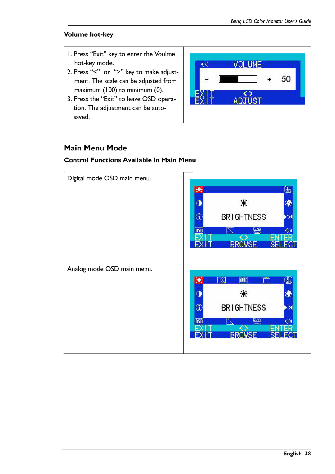 BenQ FP781 user manual Main Menu Mode, Volume hot-key, Control Functions Available in Main Menu 