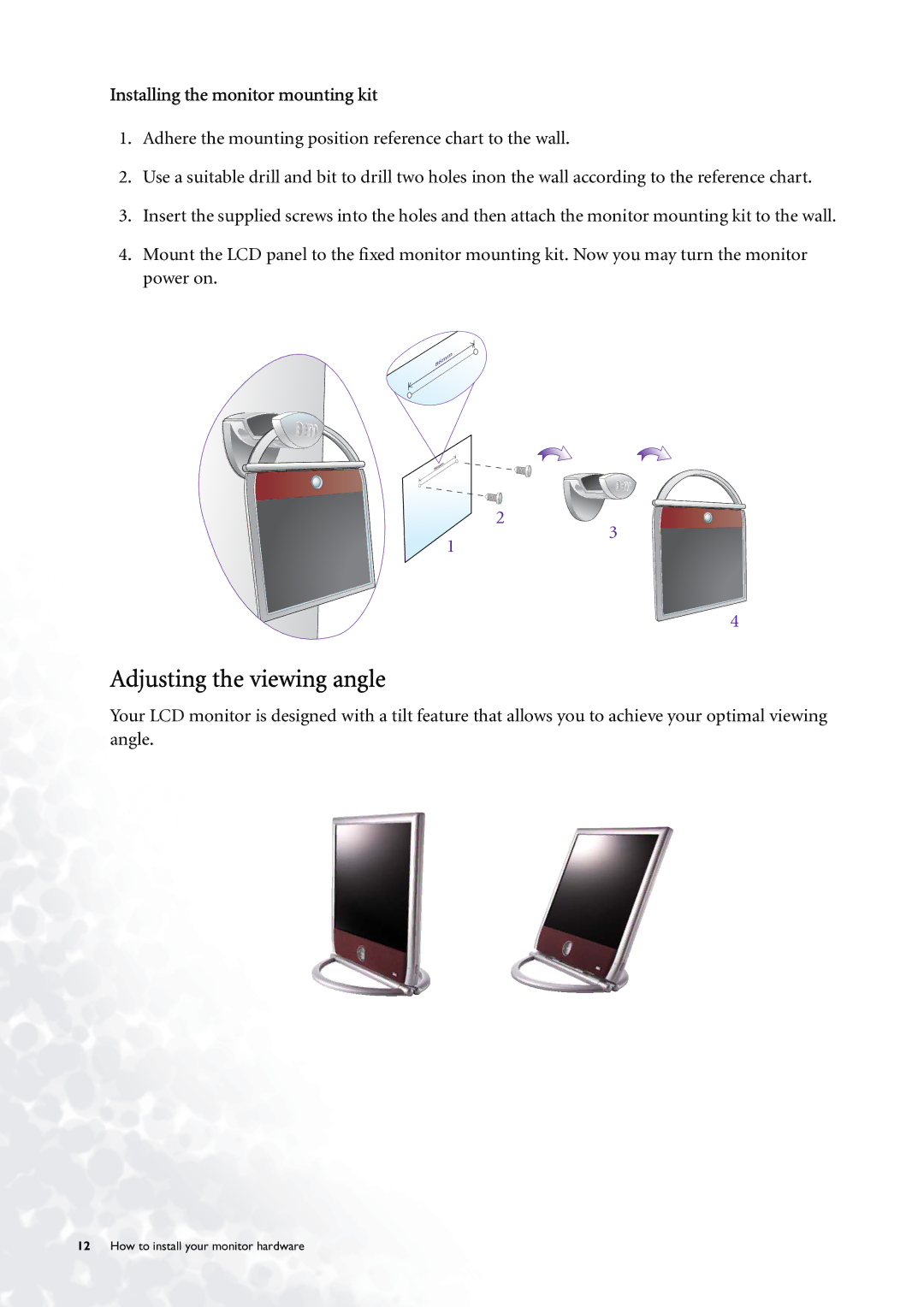 BenQ FP785 user manual Adjusting the viewing angle, Installing the monitor mounting kit 