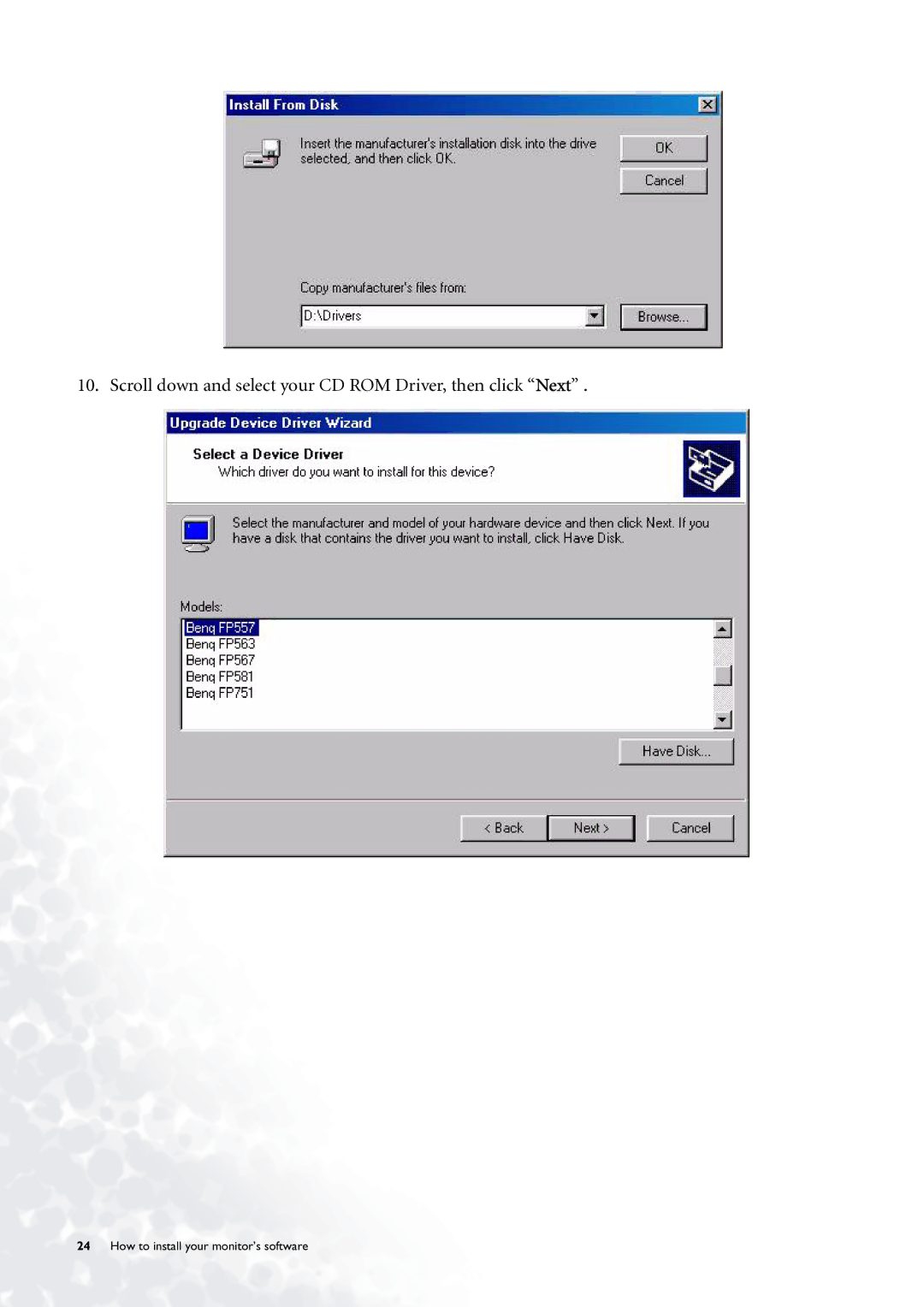 BenQ FP785 user manual Scroll down and select your CD ROM Driver, then click Next 