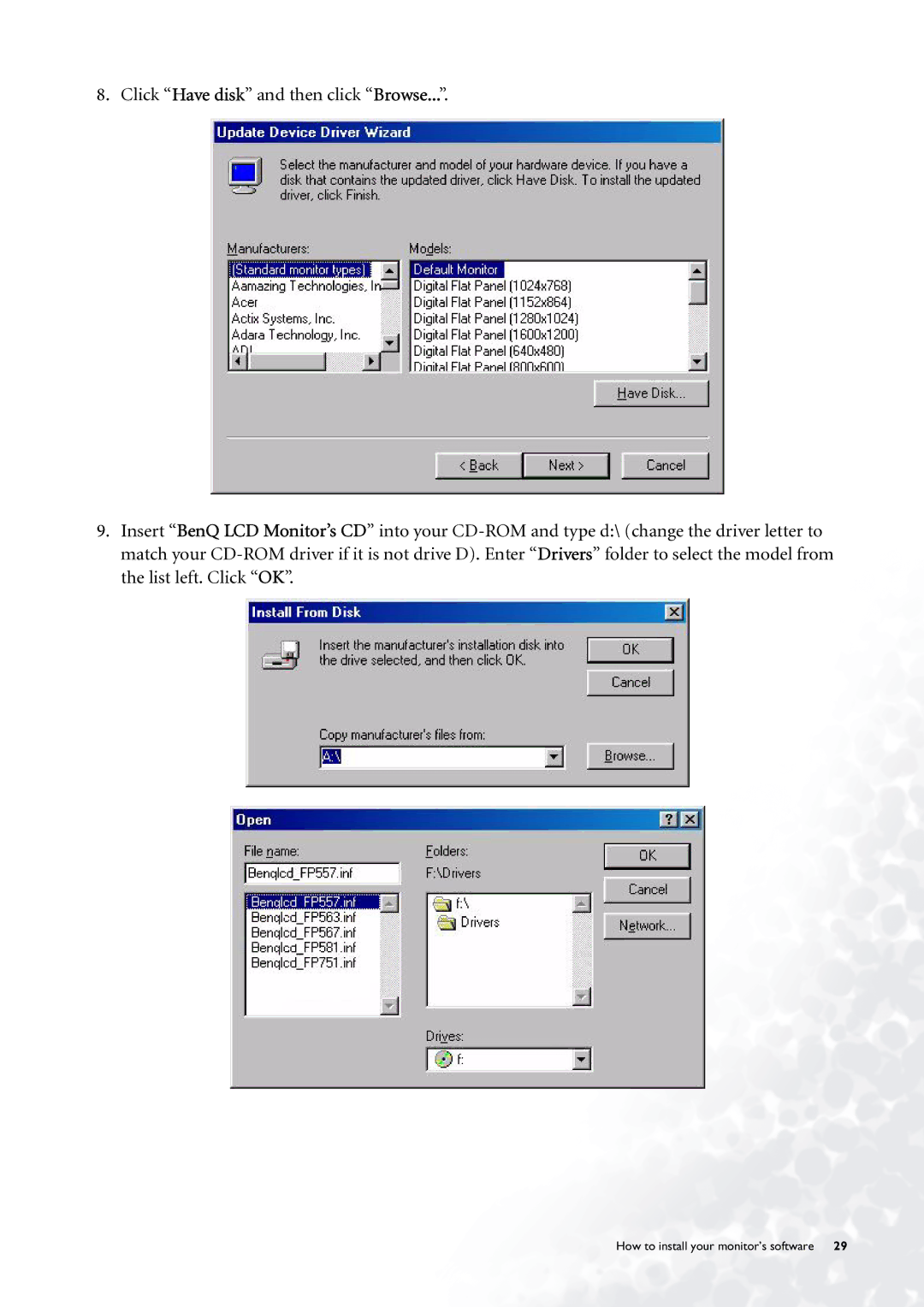 BenQ FP785 user manual How to install your monitor’s software 