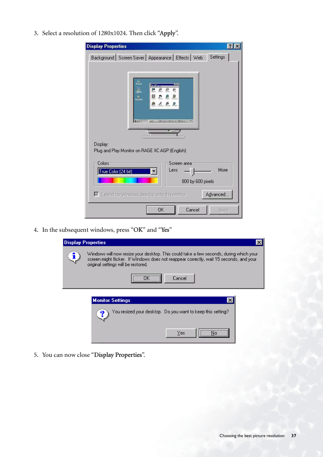 BenQ FP785 user manual Choosing the best picture resolution 