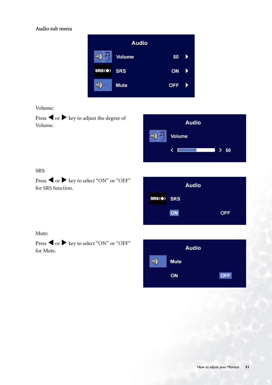 BenQ FP785 user manual Audio sub menu, Srs 