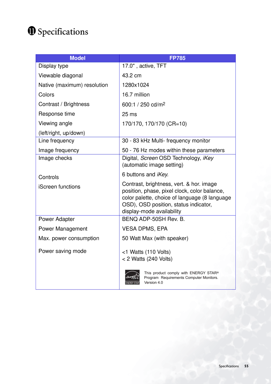 BenQ user manual Specifications, Model FP785 