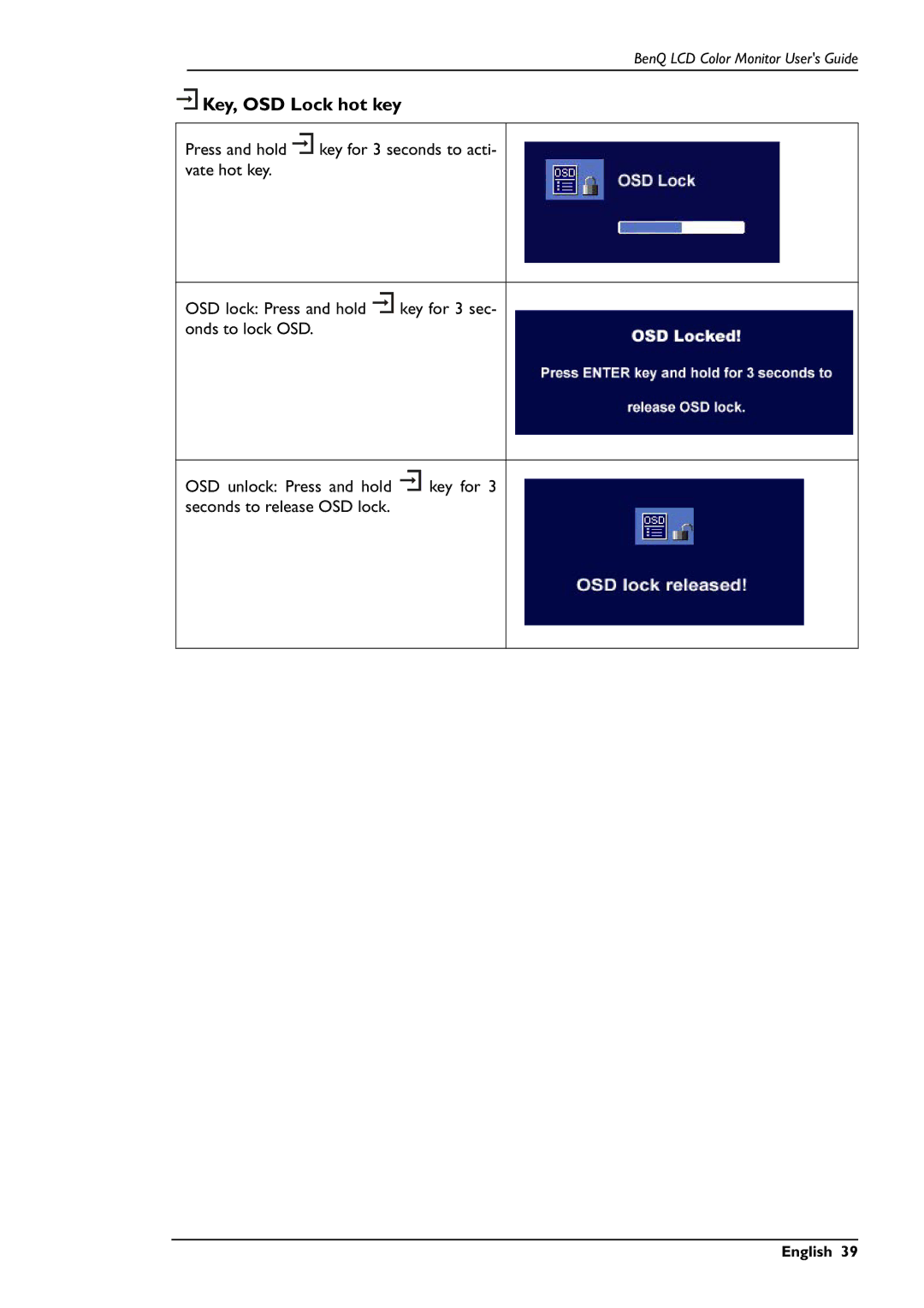 BenQ FP791 user manual Key, OSD Lock hot key 