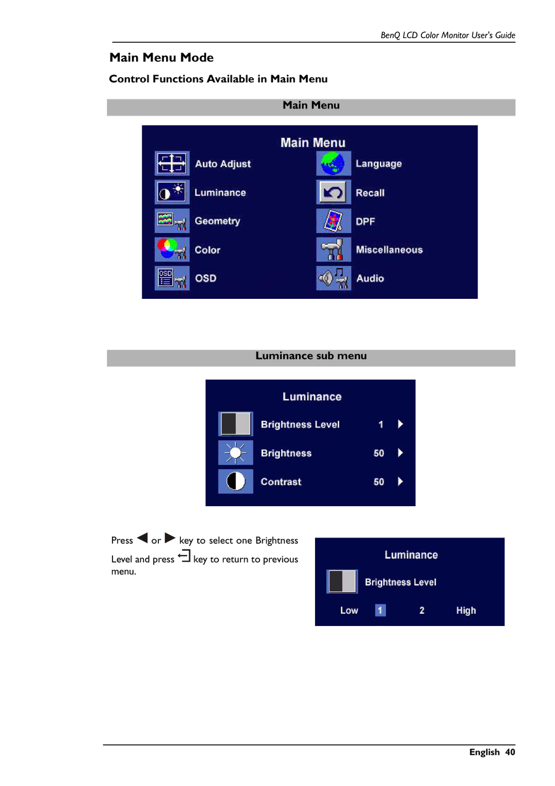 BenQ FP791 user manual Main Menu Mode, Control Functions Available in Main Menu Luminance sub menu 