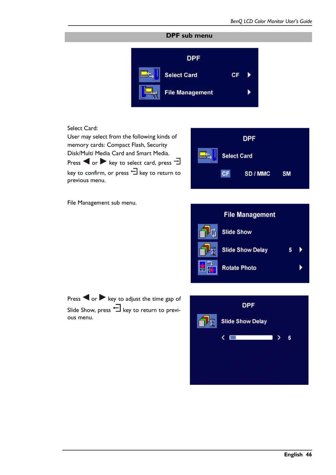 BenQ FP791 user manual DPF sub menu, Select Card 