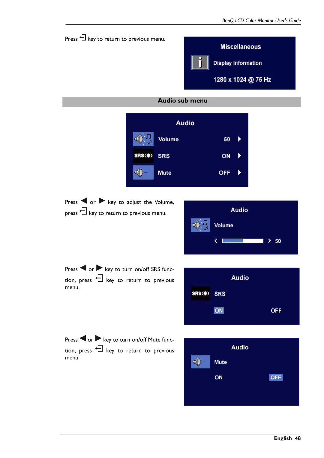 BenQ FP791 user manual Audio sub menu 