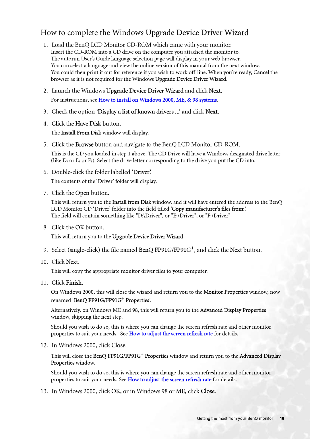 BenQ FP91G user manual How to complete the Windows Upgrade Device Driver Wizard 