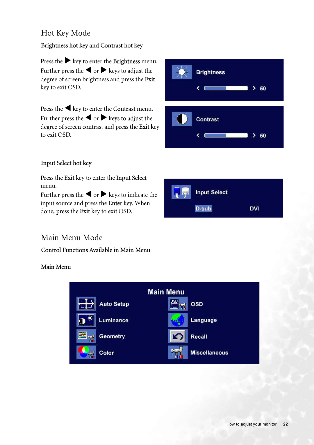 BenQ FP91G user manual Hot Key Mode, Main Menu Mode, Brightness hot key and Contrast hot key, Input Select hot key 