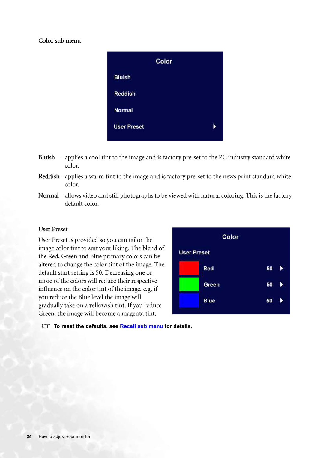 BenQ FP91G user manual Color sub menu, User Preset 