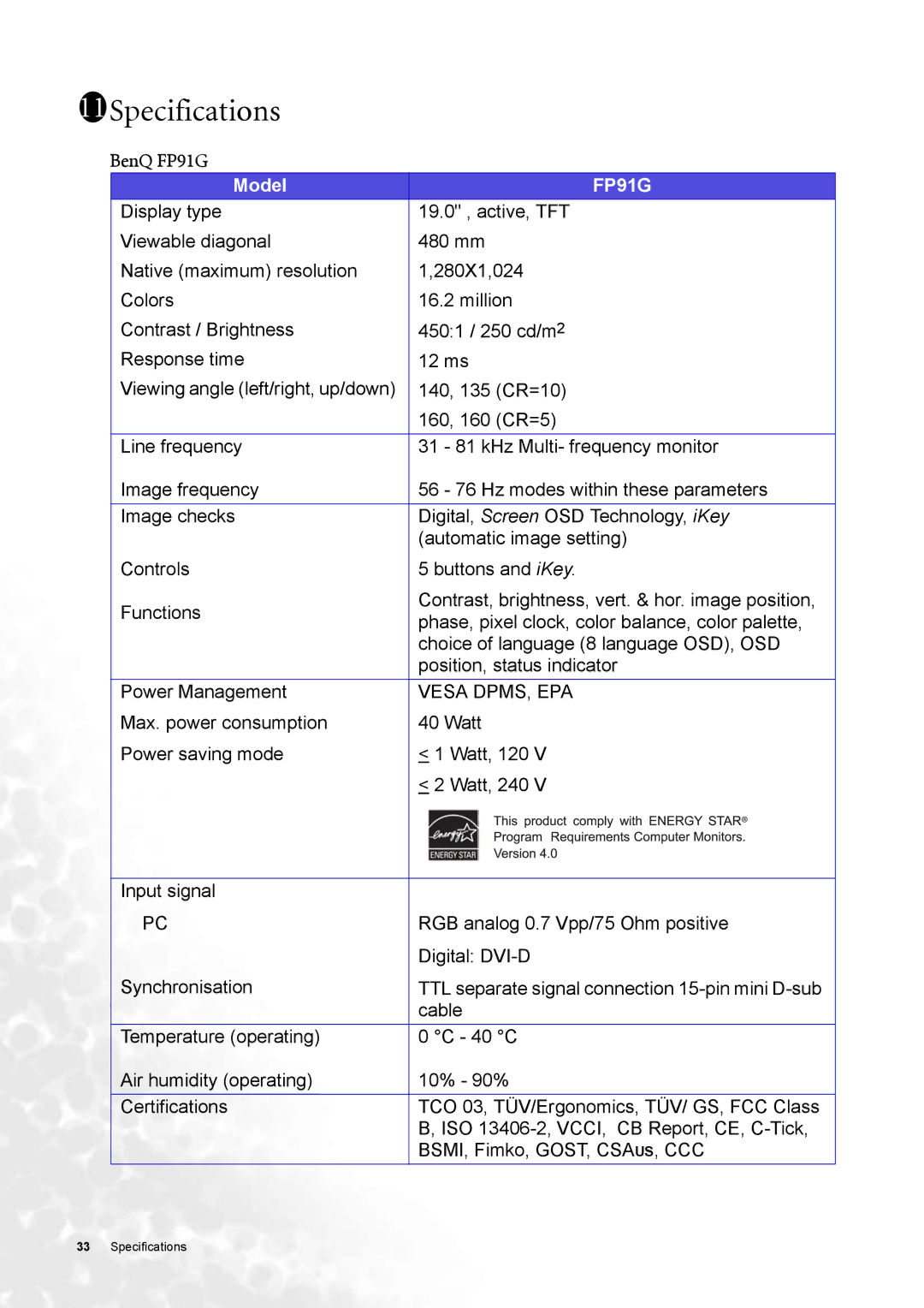 BenQ user manual 11Specifications, BenQ FP91G 