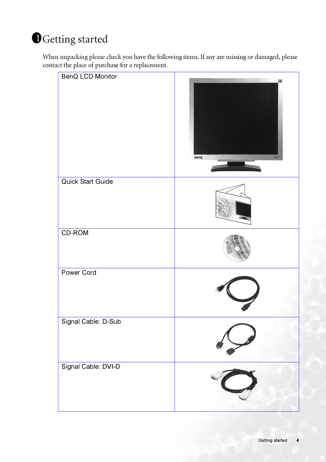 BenQ FP91G user manual 111Getting started, Power Cord Signal Cable D-Sub Signal Cable DVI-D 