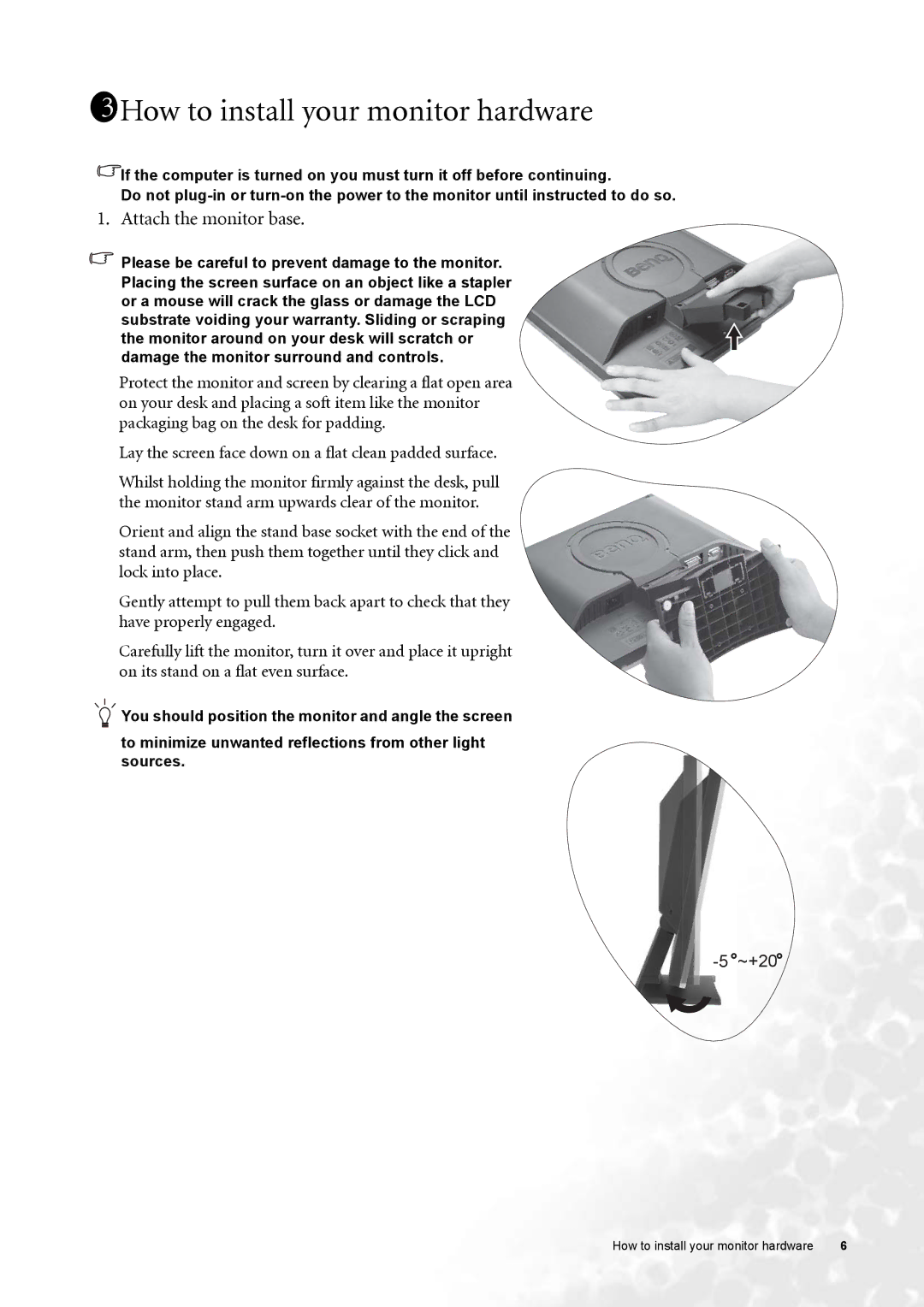 BenQ FP91G user manual 1311How to install your monitor hardware, Attach the monitor base 