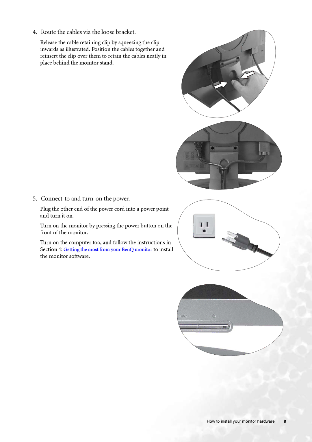 BenQ FP91G user manual Route the cables via the loose bracket, Connect-to and turn-on the power 