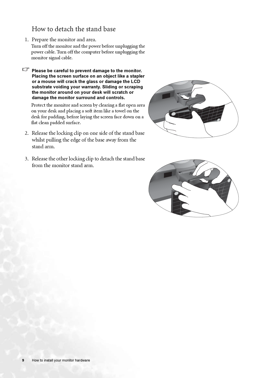 BenQ FP91G user manual How to detach the stand base, Prepare the monitor and area 