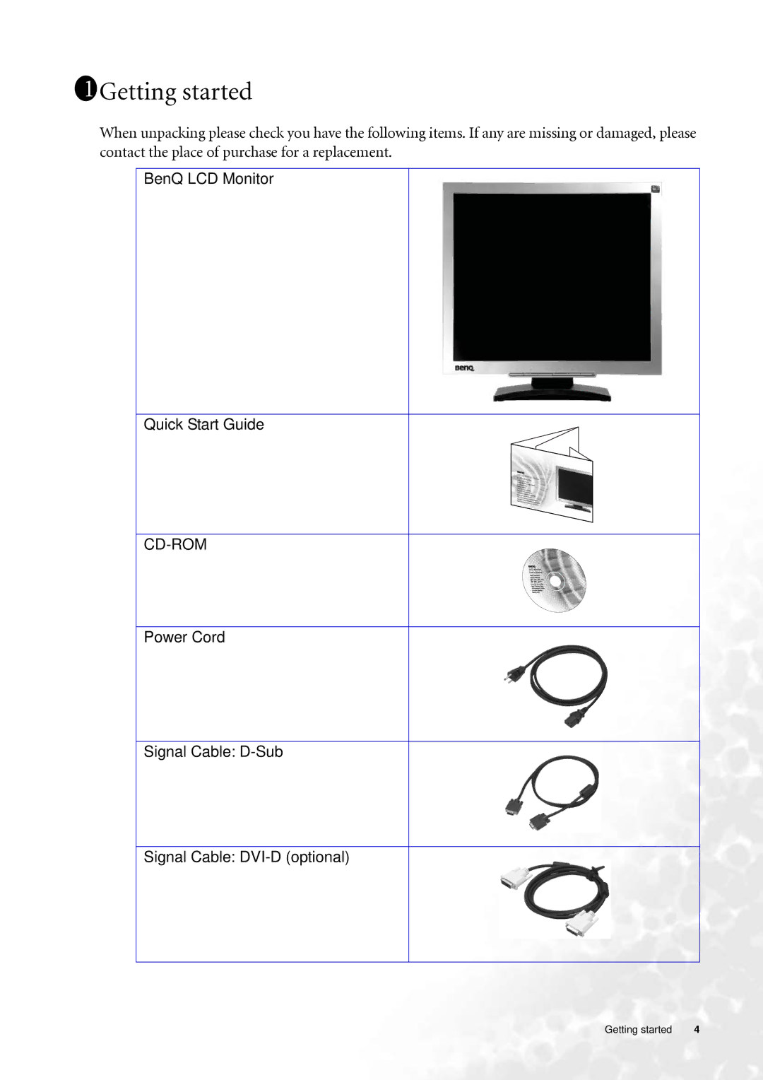 BenQ FP91GP, FP91GX user manual 111Getting started, Power Cord Signal Cable D-Sub Signal Cable DVI-D optional 