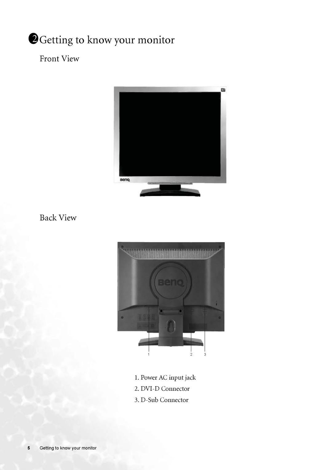 BenQ FP91GX 1211Getting to know your monitor, Front View Back View, Power AC input jack DVI-D Connector Sub Connector 