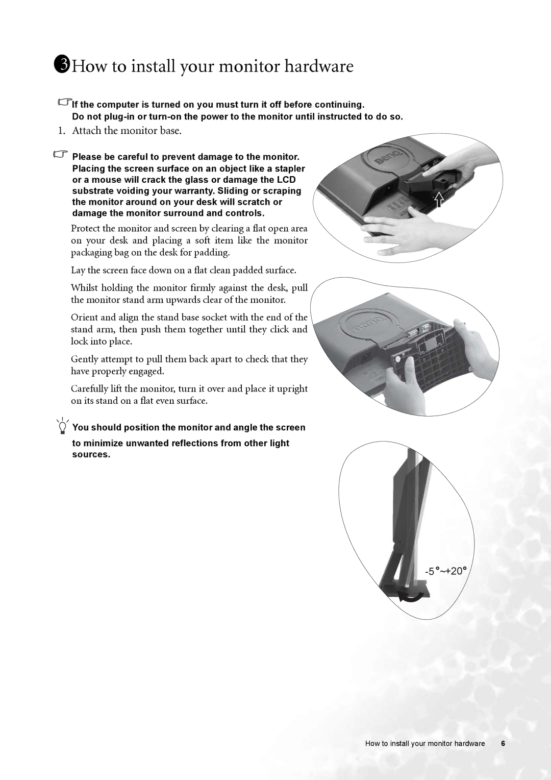 BenQ FP91GP, FP91GX user manual 1311How to install your monitor hardware, Attach the monitor base 