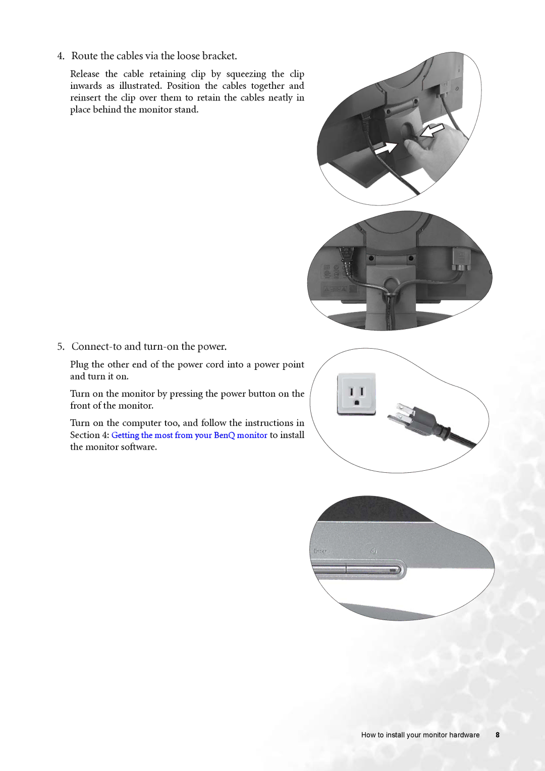 BenQ FP91GP, FP91GX user manual Route the cables via the loose bracket, Connect-to and turn-on the power 