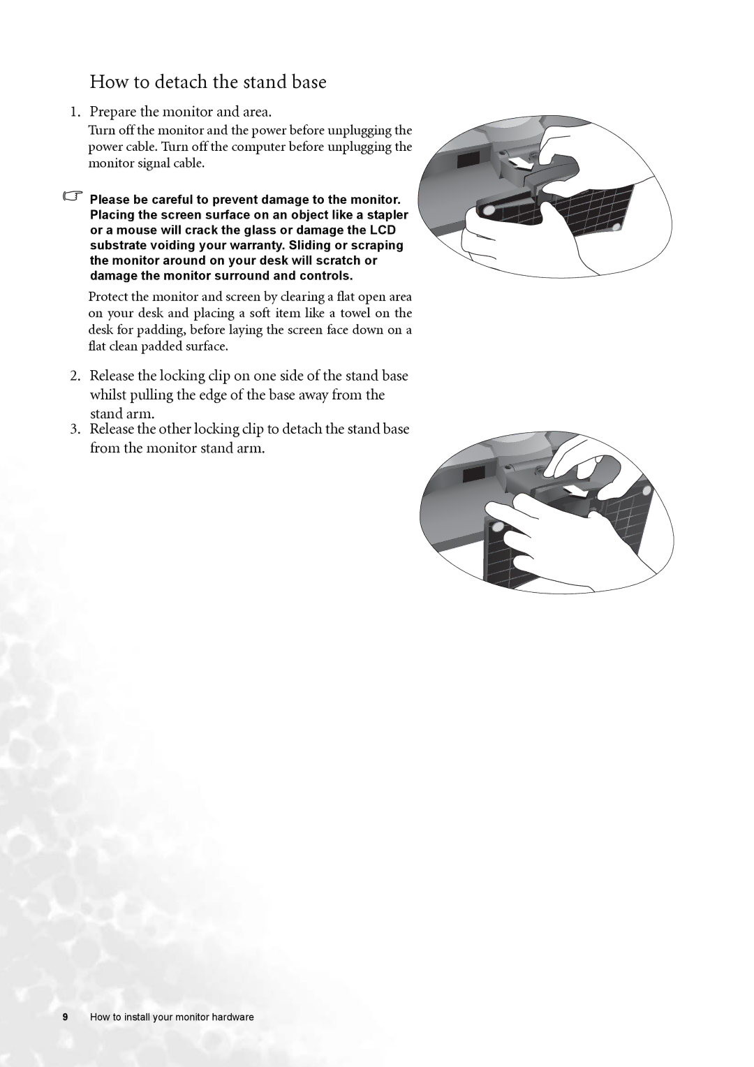 BenQ FP91GX, FP91GP user manual How to detach the stand base, Prepare the monitor and area 