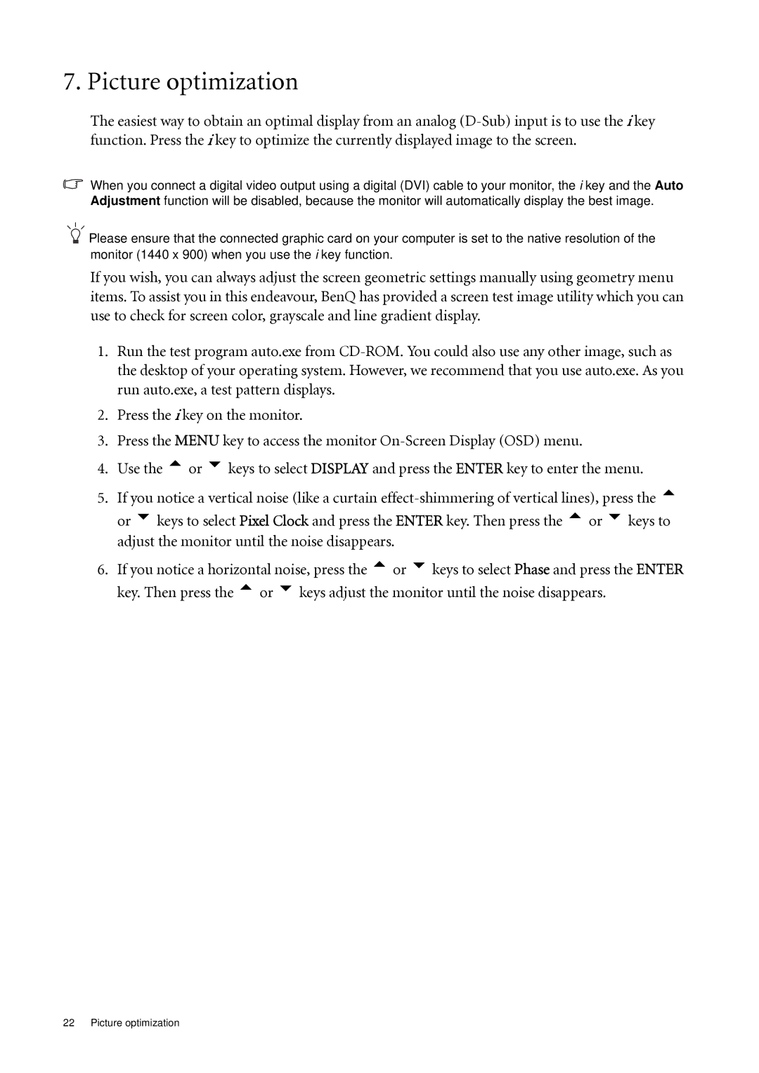 BenQ FP92W user manual Picture optimization 