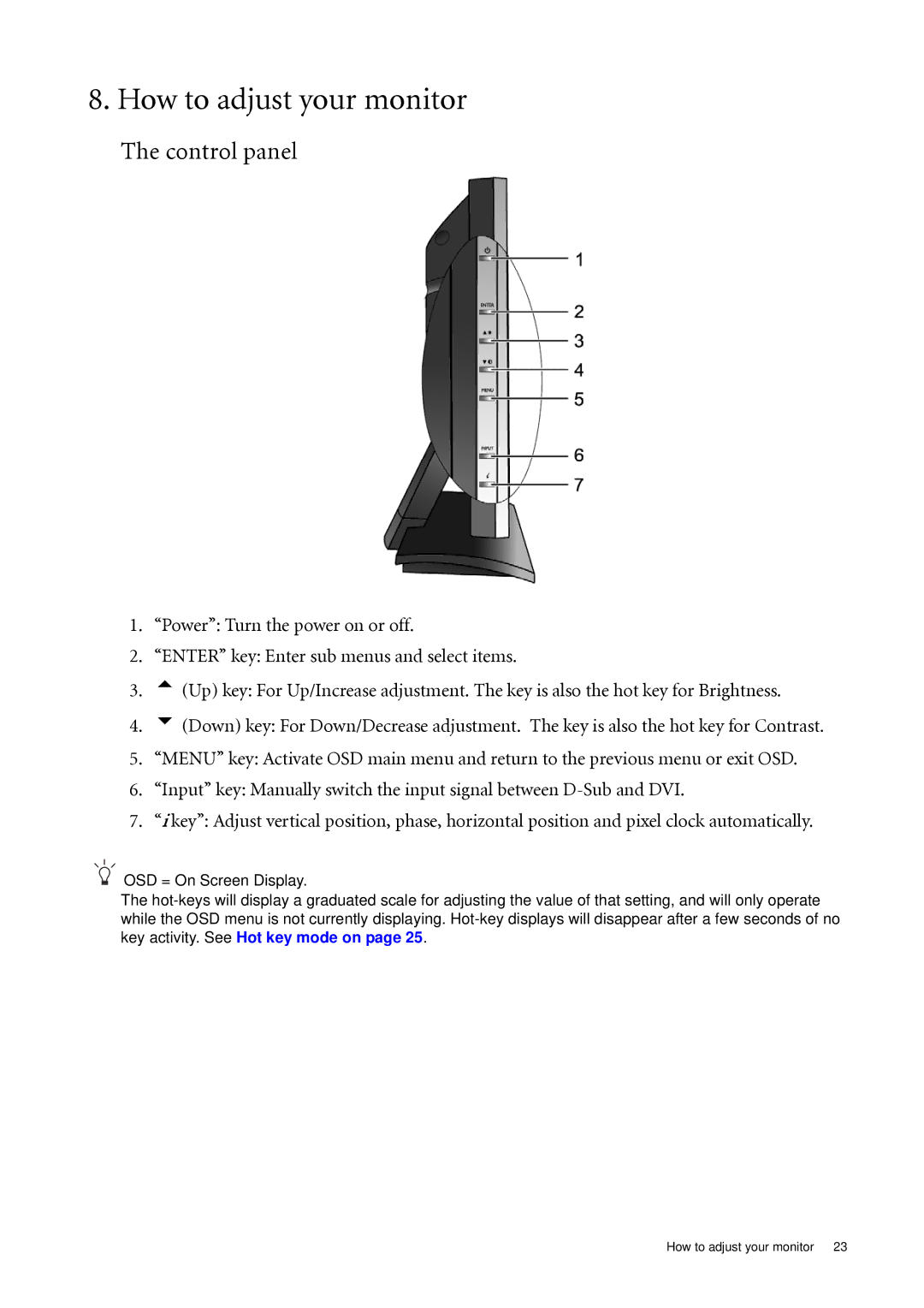 BenQ FP92W user manual How to adjust your monitor, Control panel 