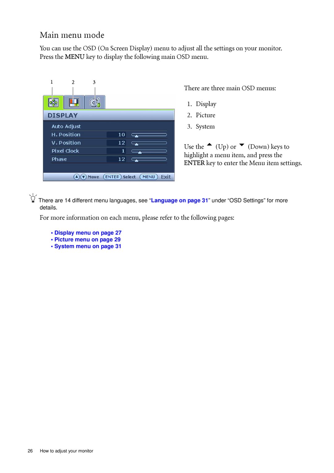 BenQ FP92W user manual Main menu mode 