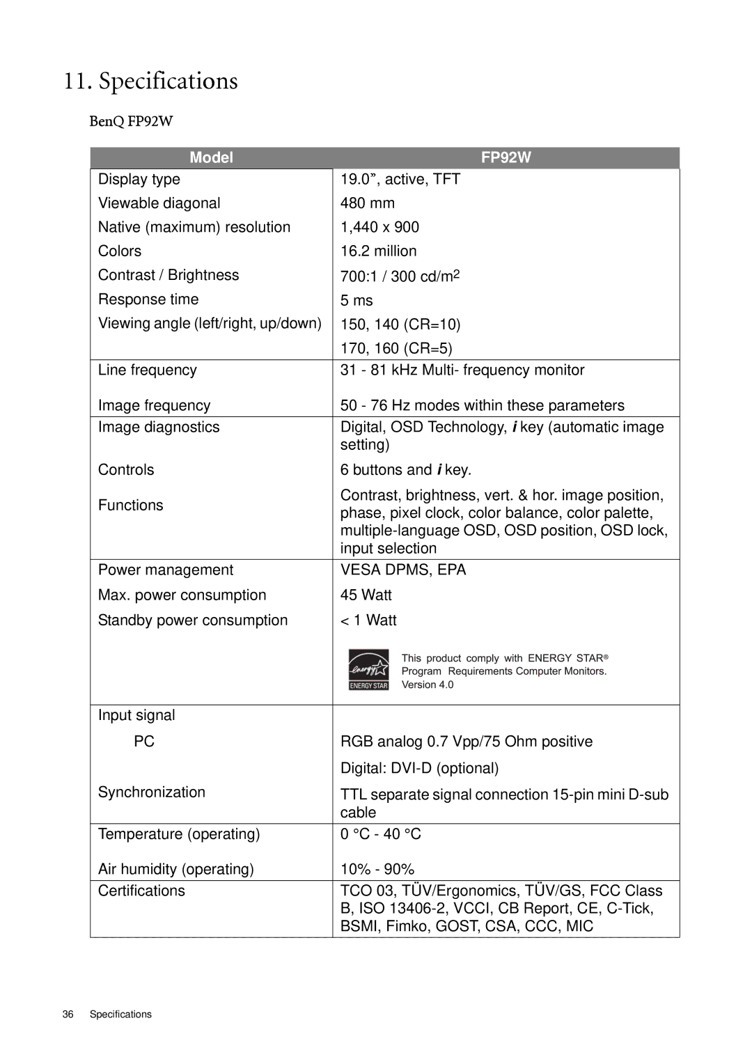 BenQ user manual Specifications, BenQ FP92W 