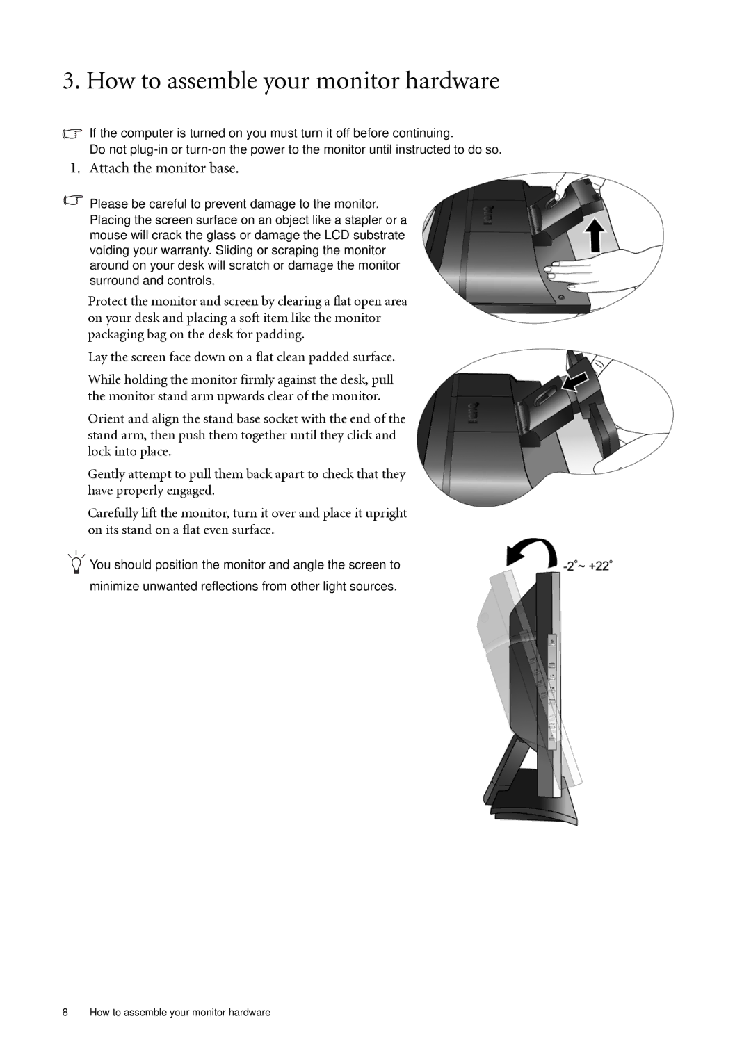 BenQ FP92W user manual How to assemble your monitor hardware, Attach the monitor base 