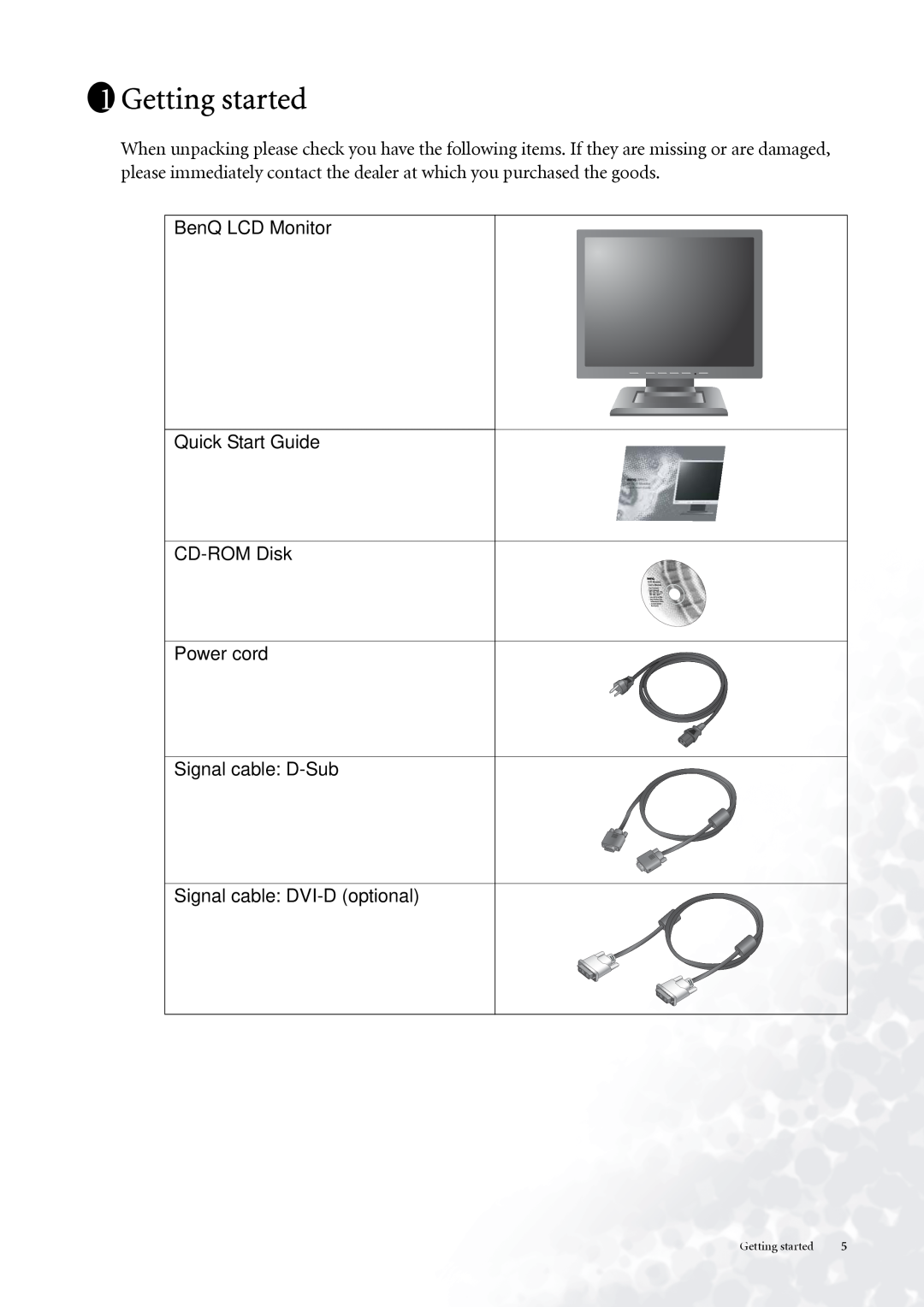 BenQ FP937s user manual Getting started, BenQ LCD Monitor, Quick Start Guide, CD-ROM Disk, Power cord, Signal cable D-Sub 