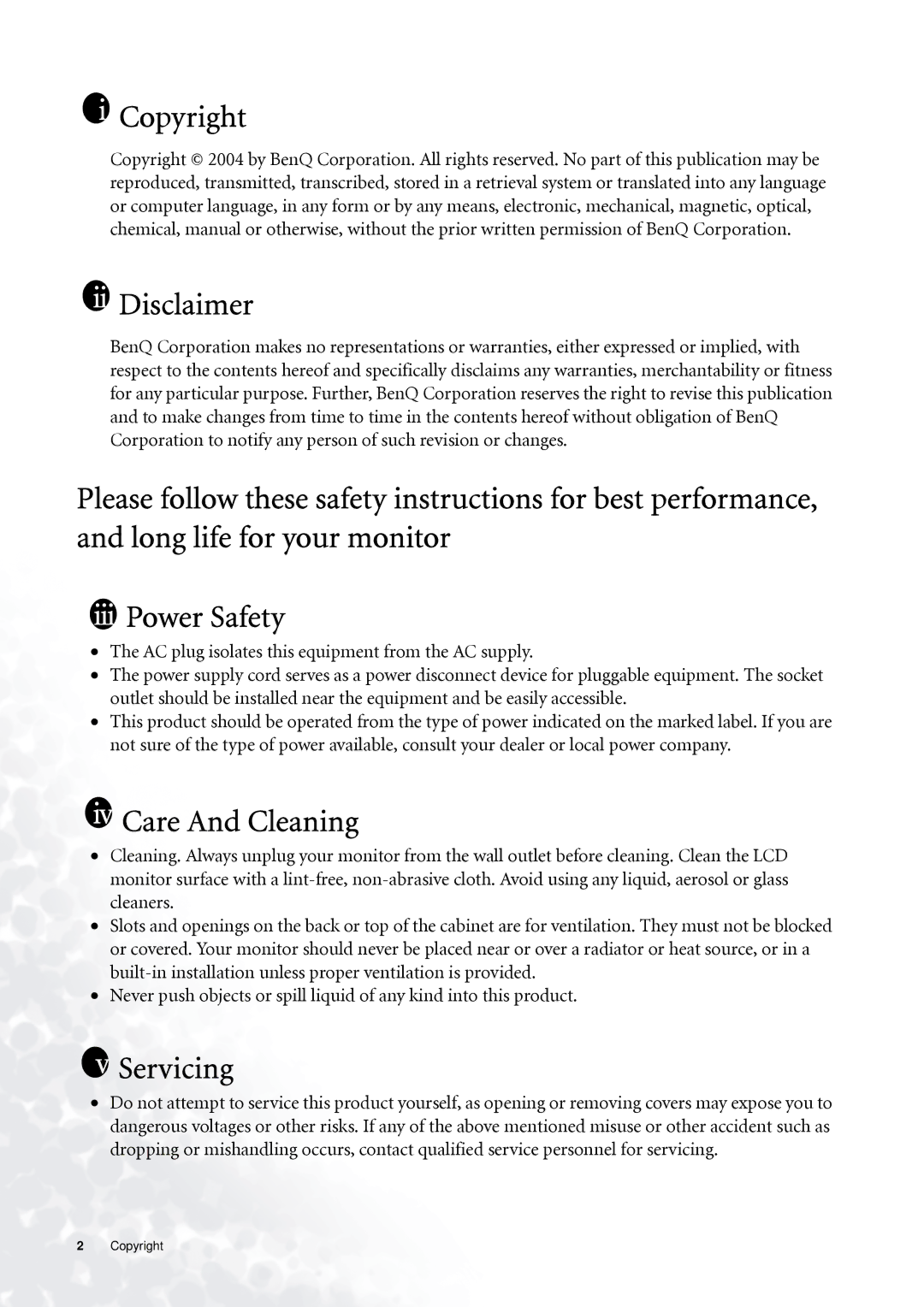 BenQ FP937s user manual Copyright, Ii Disclaimer, Iv Care And Cleaning, Servicing 