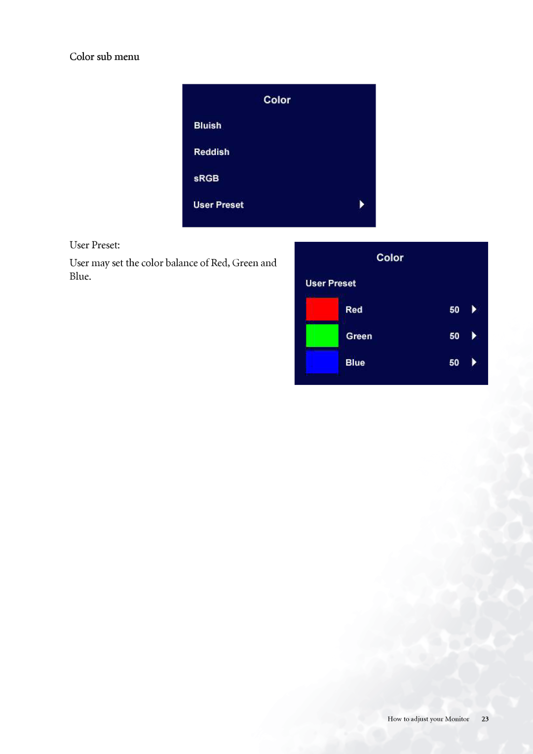 BenQ FP937s user manual Color sub menu 