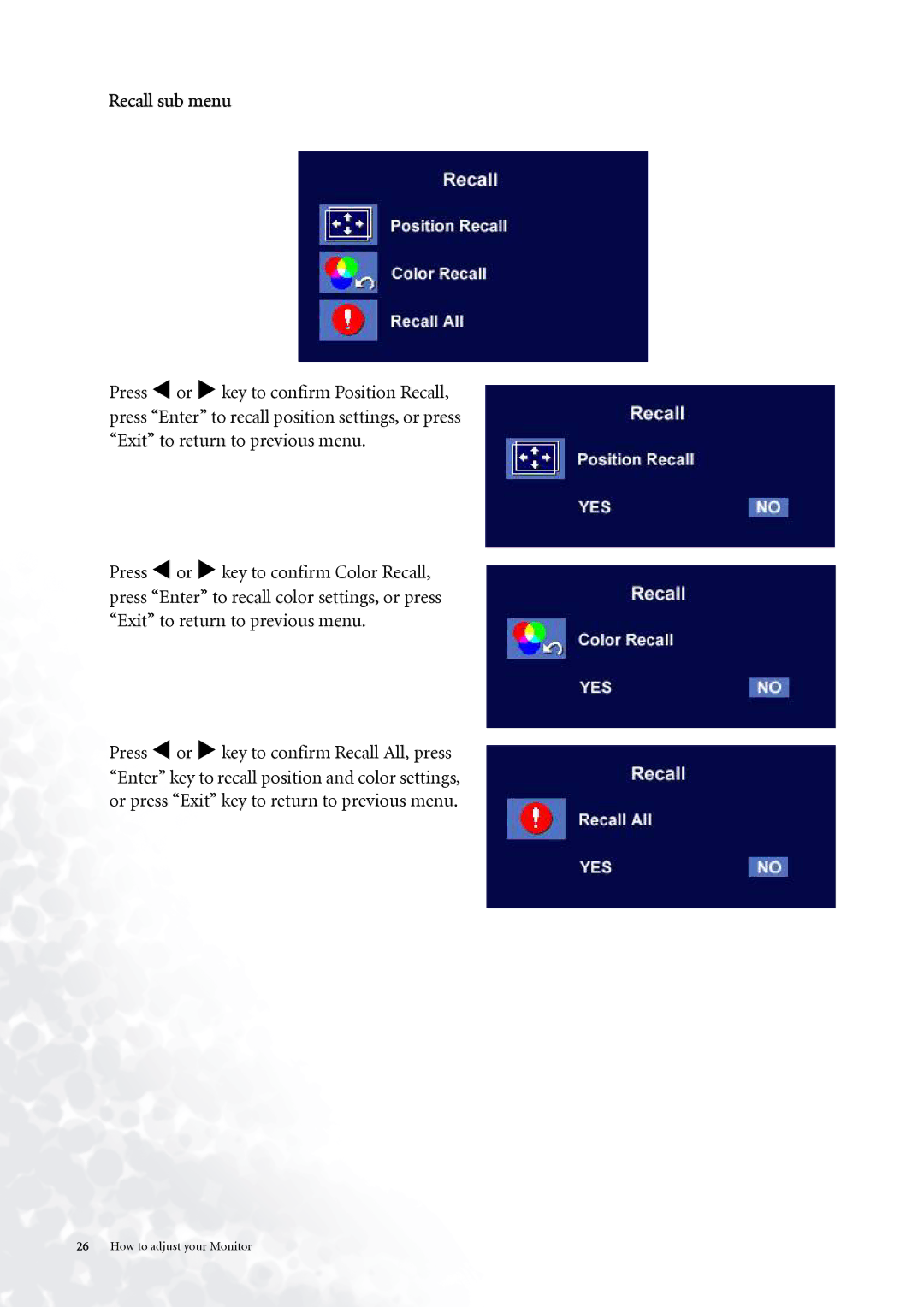 BenQ FP937s user manual Recall sub menu 