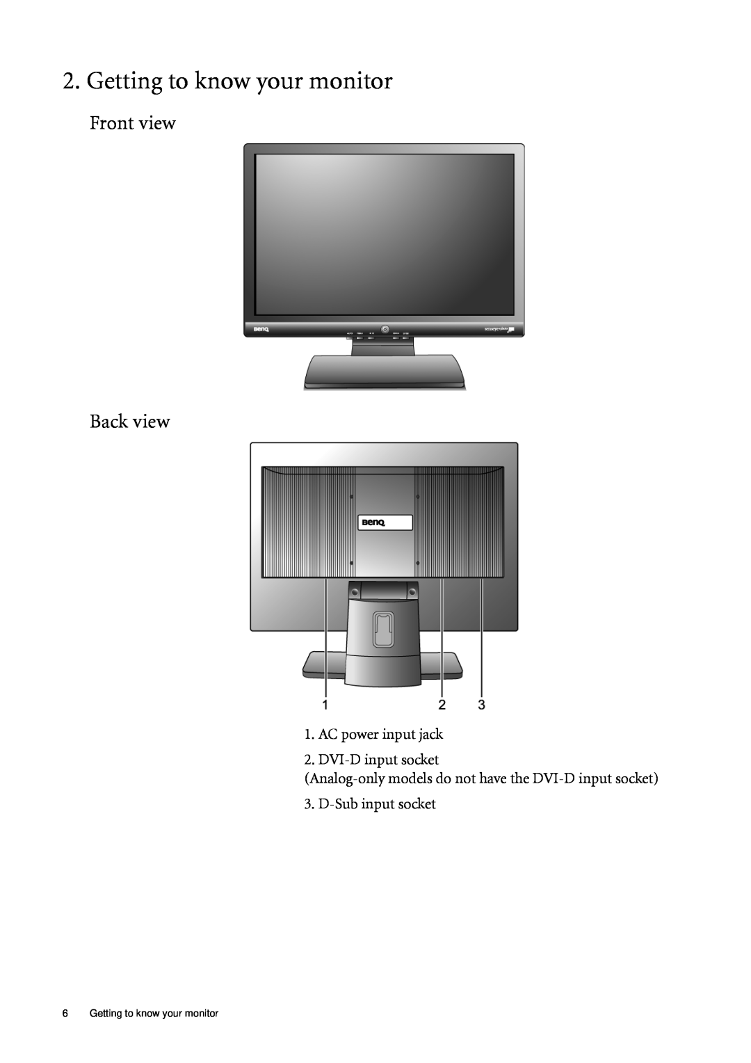 BenQ G700A, G2000WA, G900WA, G900A, G2400WA G700 user manual Getting to know your monitor, Front view Back view 
