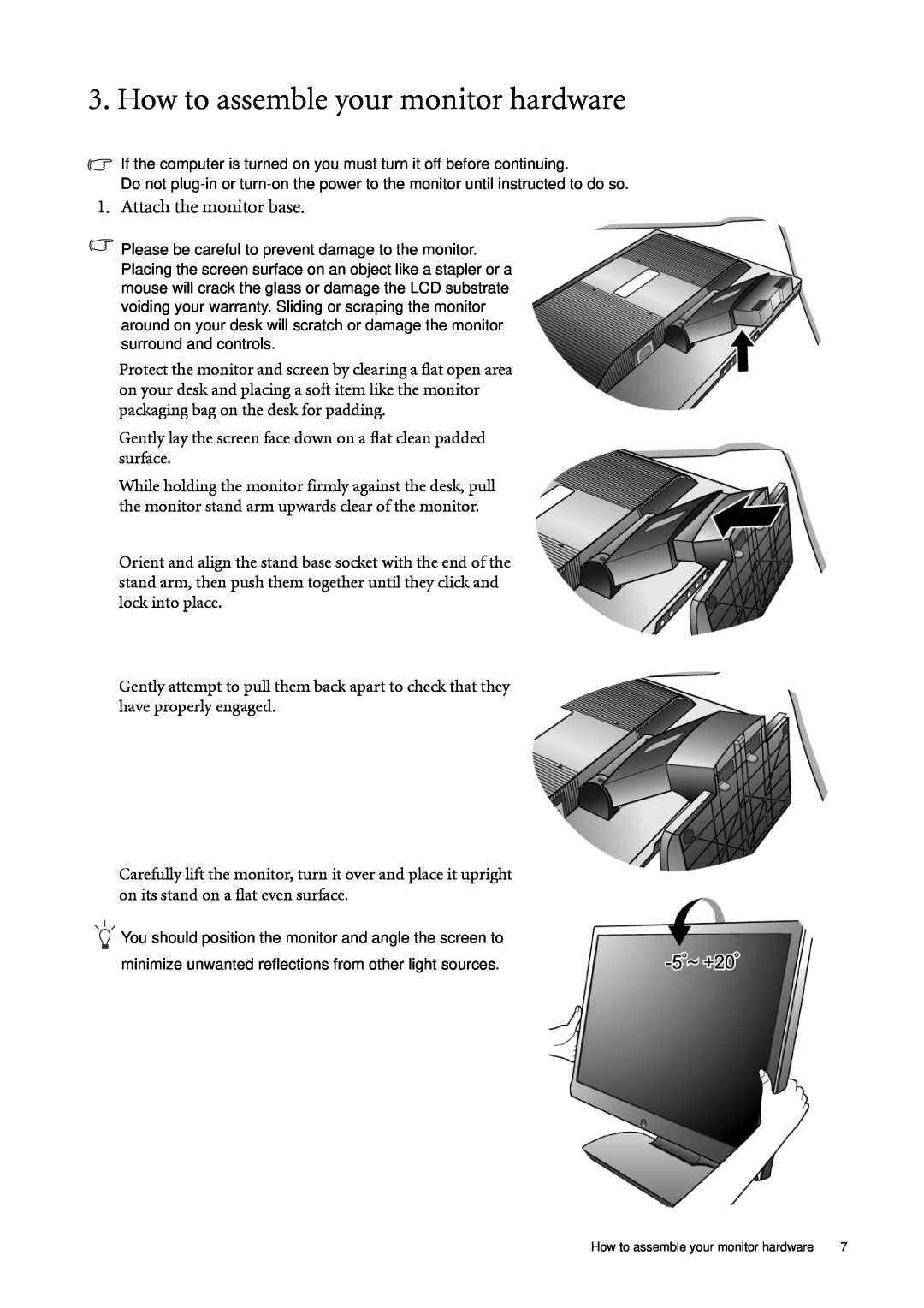 BenQ G2400WA G700, G2000WA, G900WA, G900A, G700A user manual How to assemble your monitor hardware, Attach the monitor base 