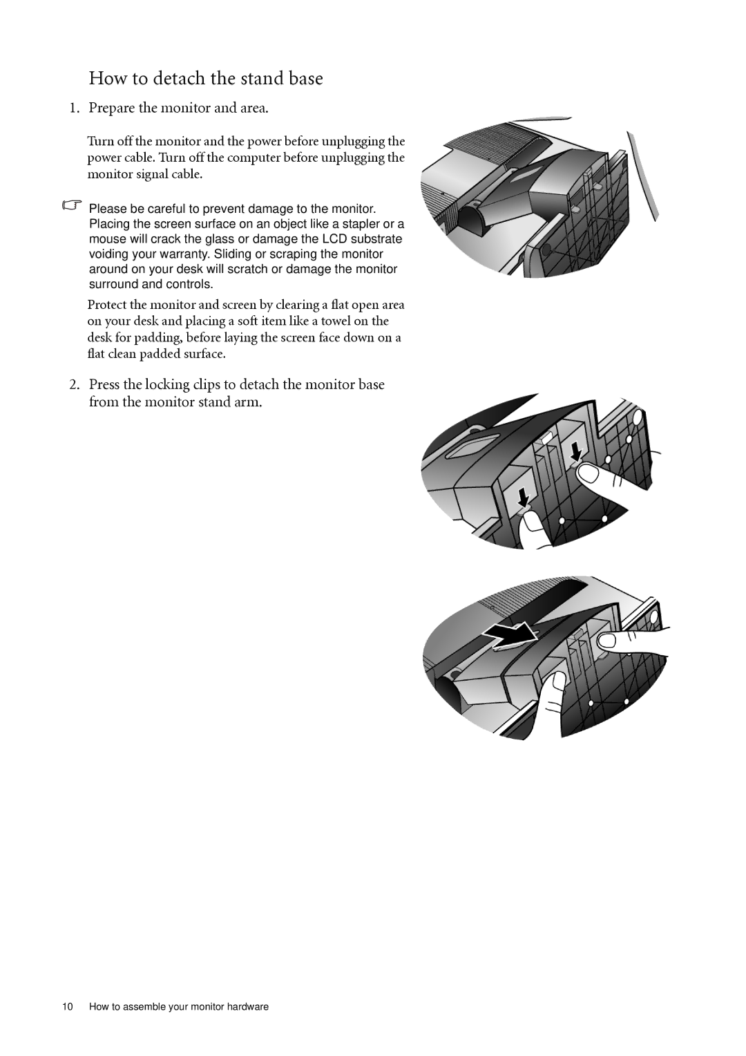 BenQ G900WD, G2000WD, G2000WAD, G900AD, G900WAD, G900D, G700AD, G700D How to detach the stand base, Prepare the monitor and area 