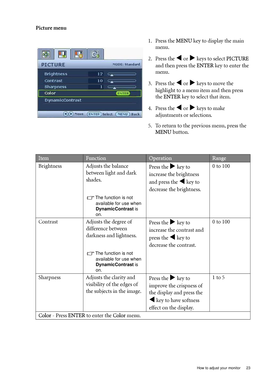 BenQ G700D, G2000WD, G2000WAD, G900WD, G900AD, G900WAD, G900D, G700AD user manual Picture menu 