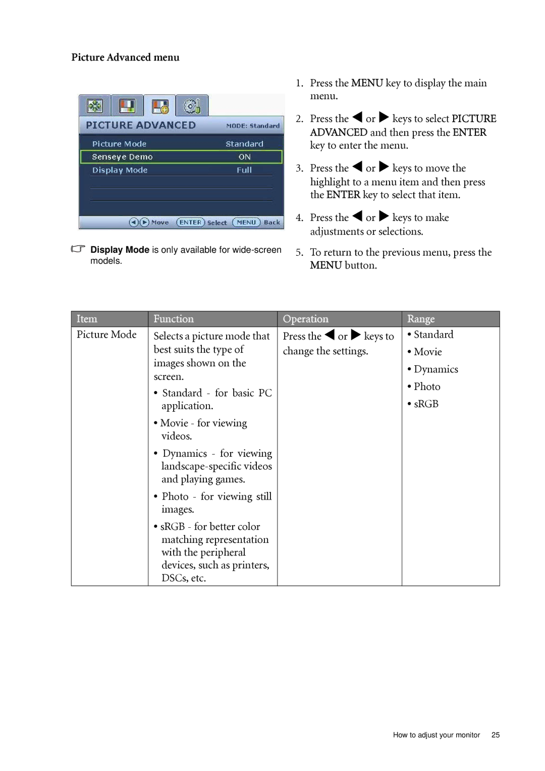 BenQ G2000WAD, G2000WD, G900WD, G900AD, G900WAD, G900D, G700AD, G700D user manual Picture Advanced menu 