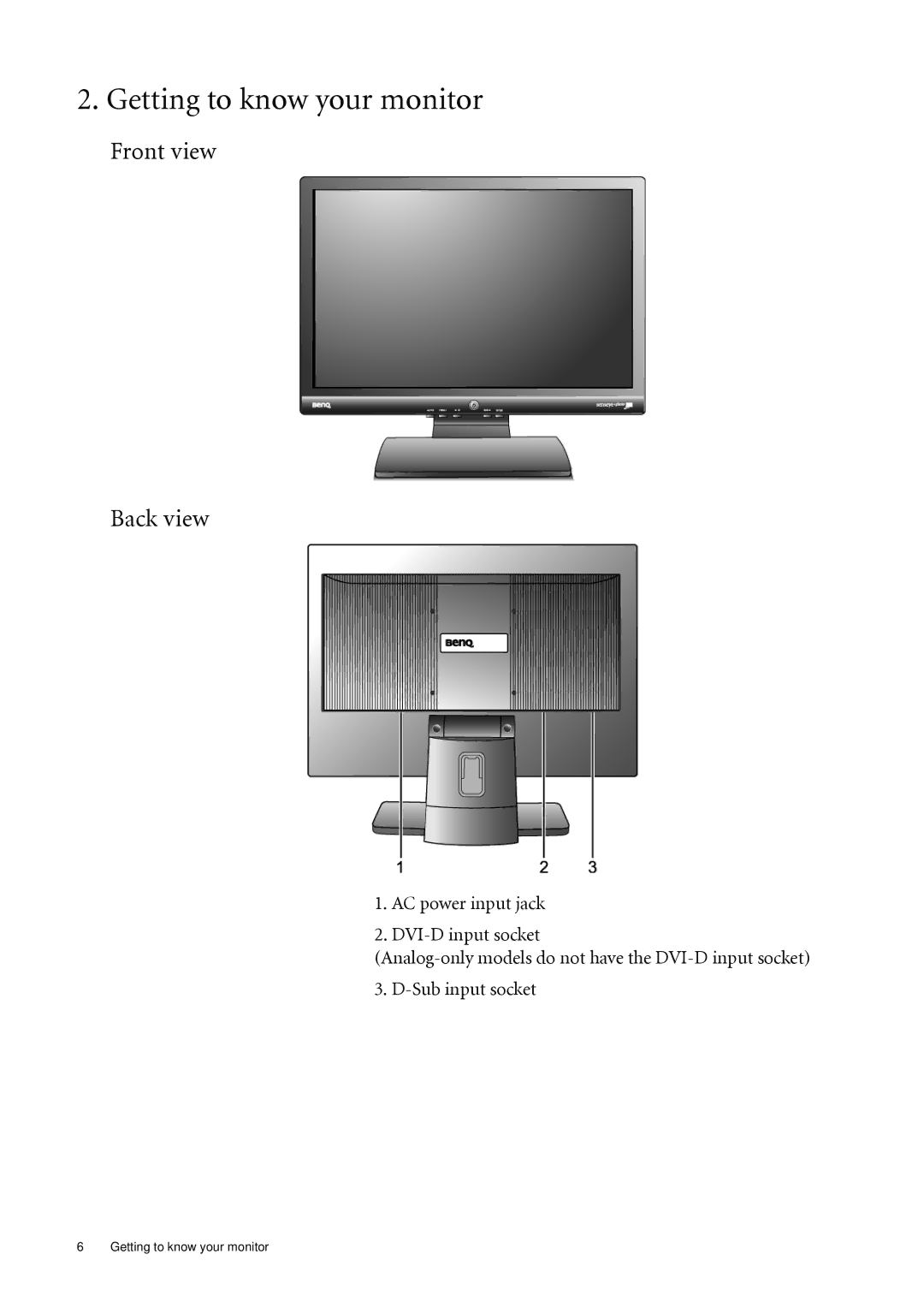 BenQ G700AD, G2000WD, G2000WAD, G900WD, G900AD, G900WAD, G900D, G700D Getting to know your monitor, Front view Back view 