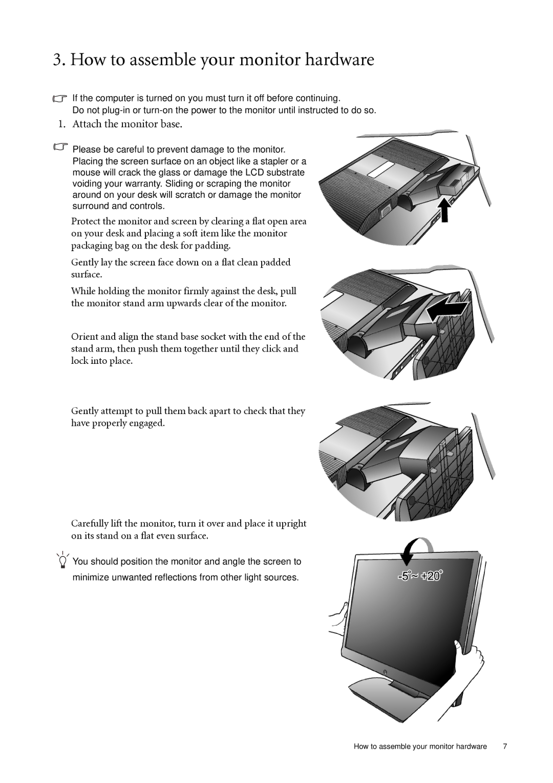 BenQ G700D, G2000WD, G2000WAD, G900WD, G900AD, G900WAD, G900D How to assemble your monitor hardware, Attach the monitor base 