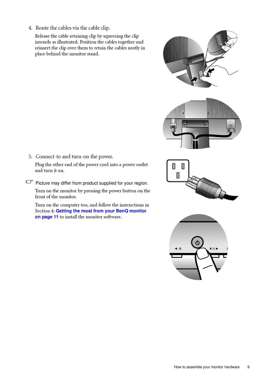 BenQ G2000WAD, G2000WD, G900WD, G900AD, G900WAD, G900D Route the cables via the cable clip, Connect-to and turn-on the power 