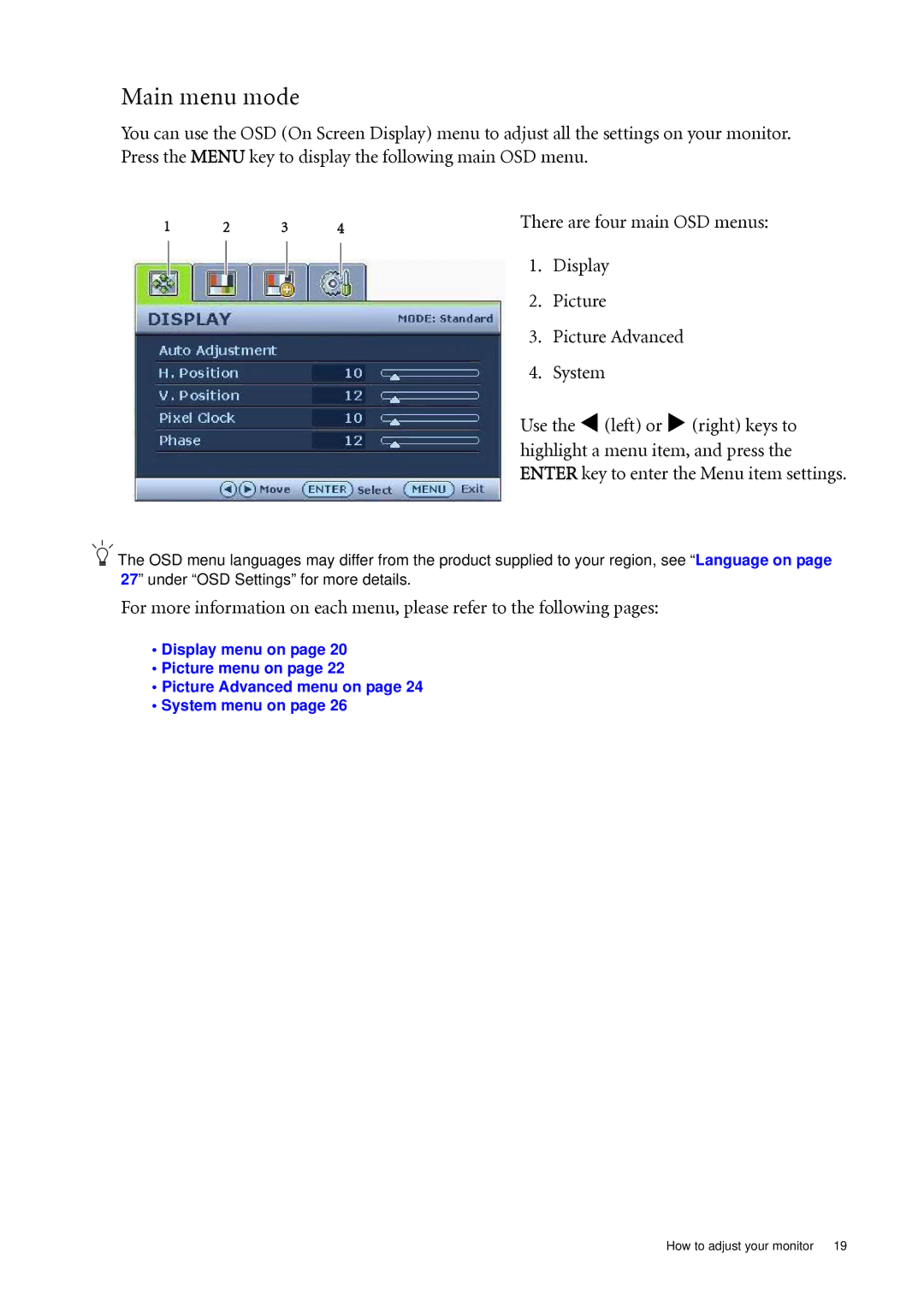 BenQ G2020HDA, G2220HDA user manual Main menu mode, Display Picture Picture Advanced System 