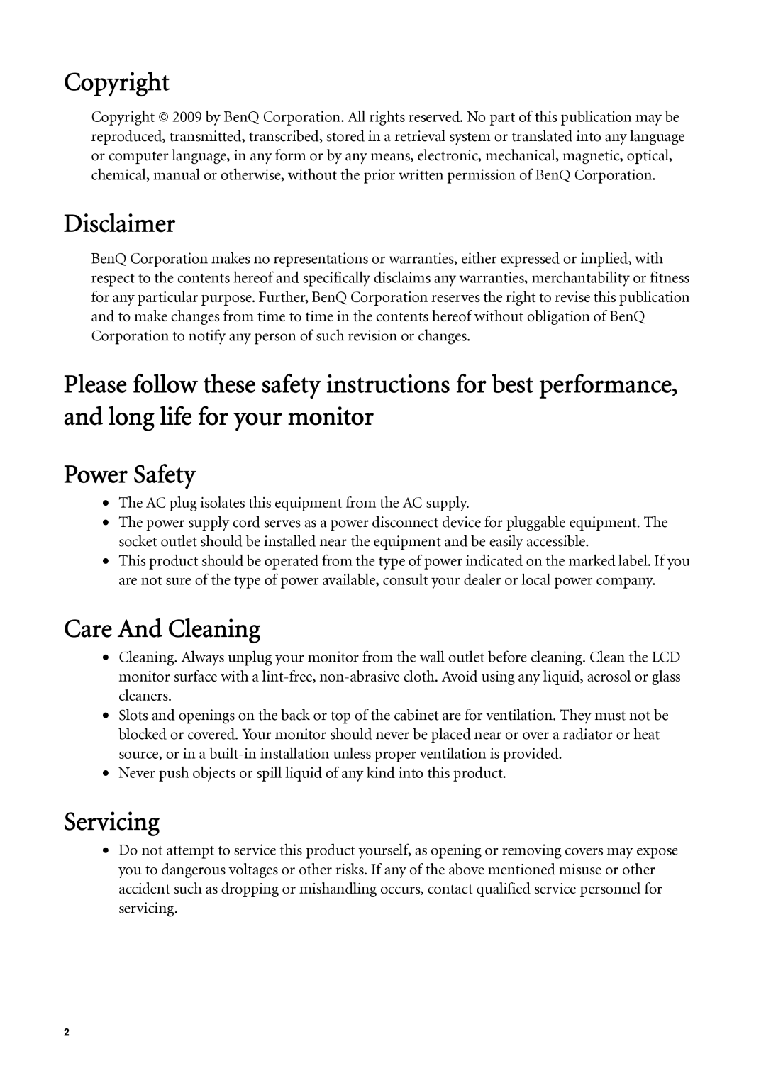 BenQ G2220HDA, G2020HDA user manual Copyright, AC plug isolates this equipment from the AC supply 