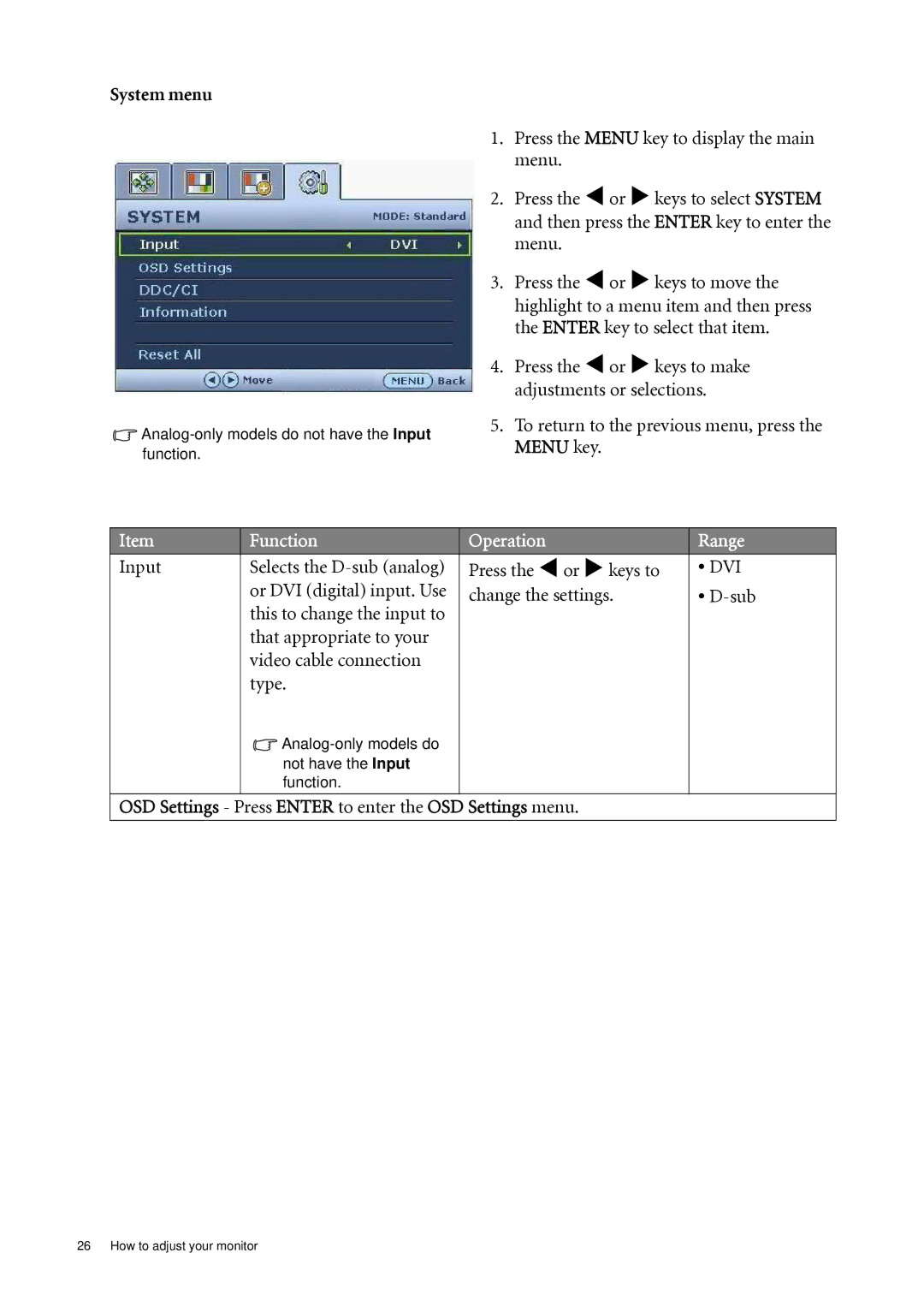 BenQ G2020HD, G2220HD System menu, Input Selects the D-sub analog, OSD Settings Press Enter to enter the OSD Settings menu 