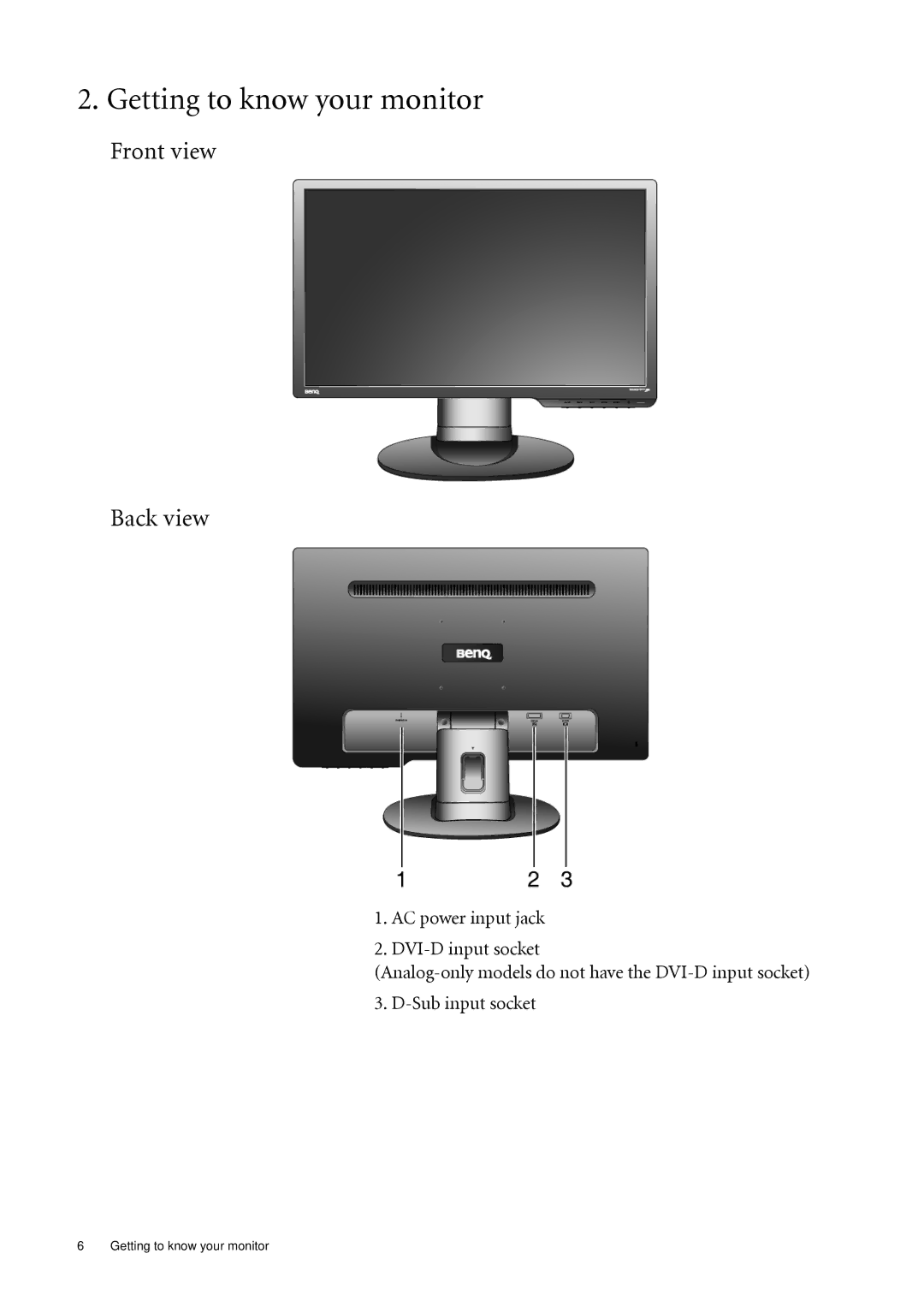 BenQ G2220HDA, G2020HDA user manual Getting to know your monitor, Front view Back view 