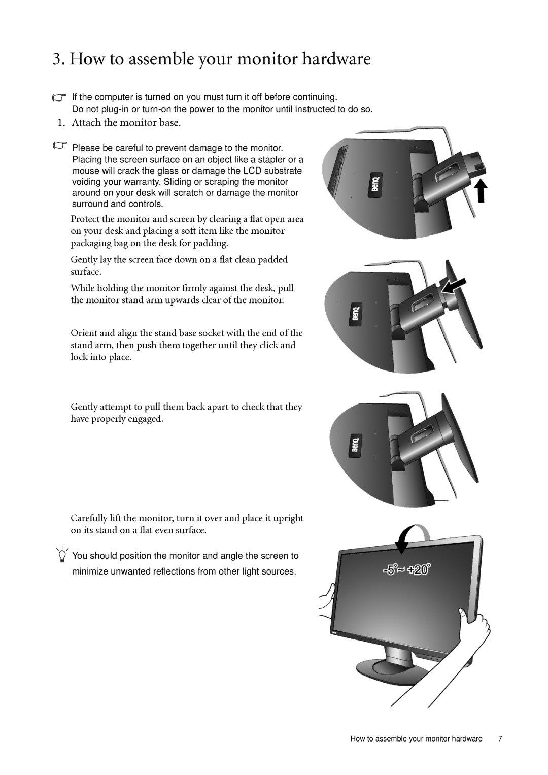 BenQ G2020HDA, G2220HDA user manual How to assemble your monitor hardware, Attach the monitor base 