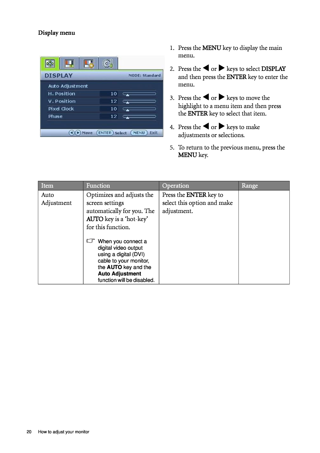 BenQ G2220HDA, G2020HDA user manual Function, Operation, Range, Display menu 
