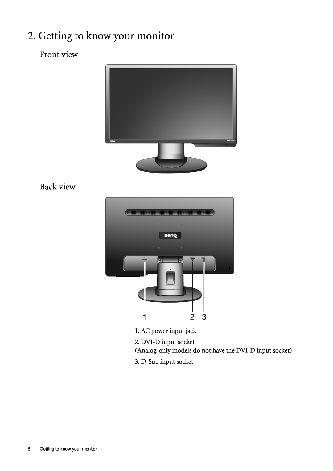 BenQ G2220HDA, G2020HDA user manual Getting to know your monitor, Front view Back view 