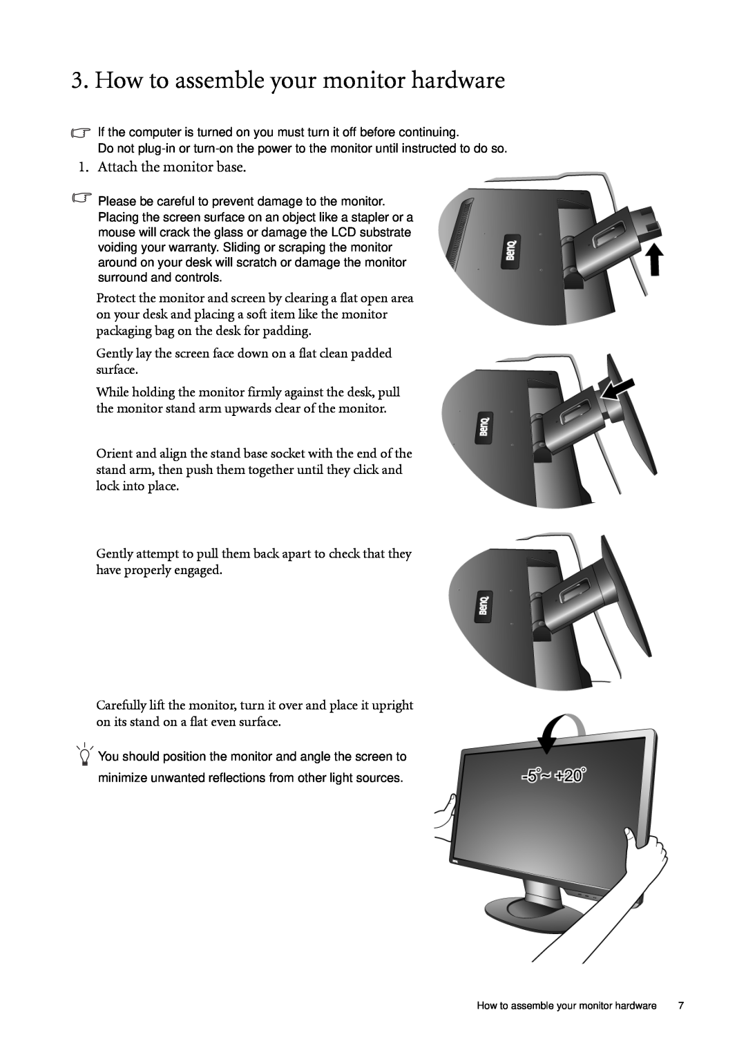 BenQ G2020HDA, G2220HDA user manual How to assemble your monitor hardware, Attach the monitor base 